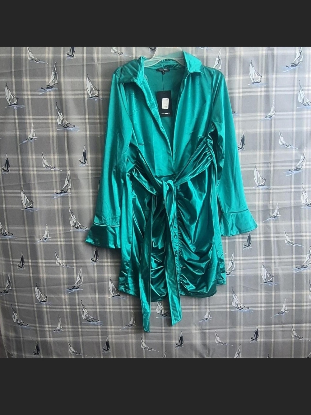 Fashion Nova Shiny Teal Satin Belted Robe